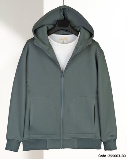 Iron-Green Modern Full-Zipper Plain Cotton Hoodie