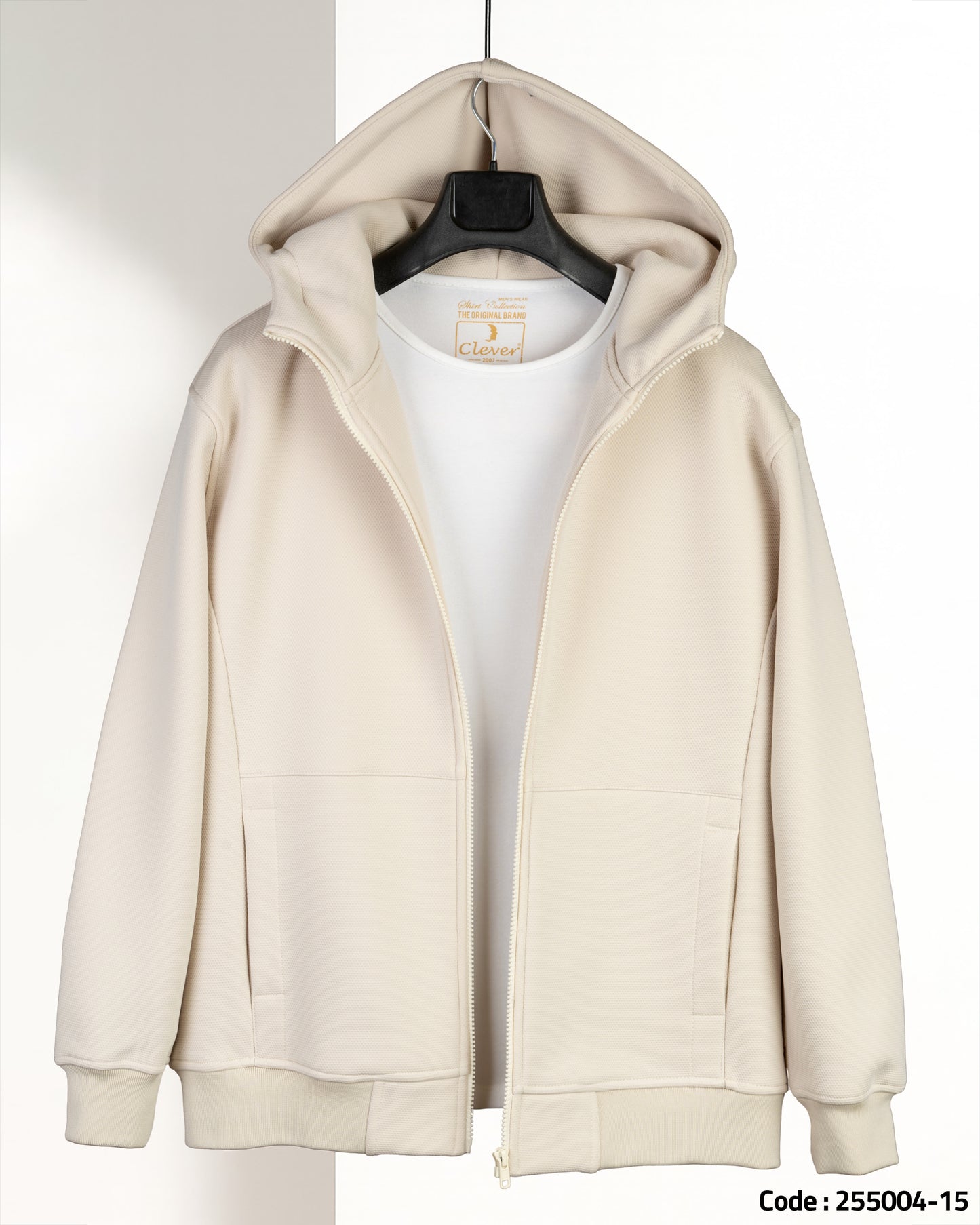 Beige Full-Zipper Plain Cotton Hoodie