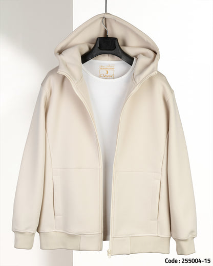 Beige Full-Zipper Plain Cotton Hoodie