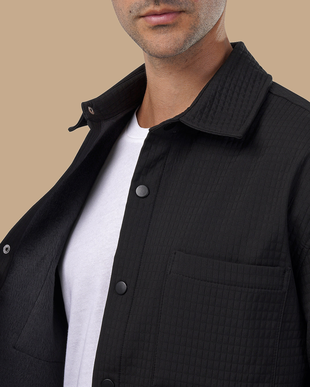 Classic Grid-Textured Quilted Jacket - Black