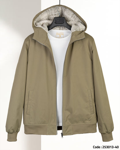 Khaki Gabardine Winter Jacket with Fur Lining
