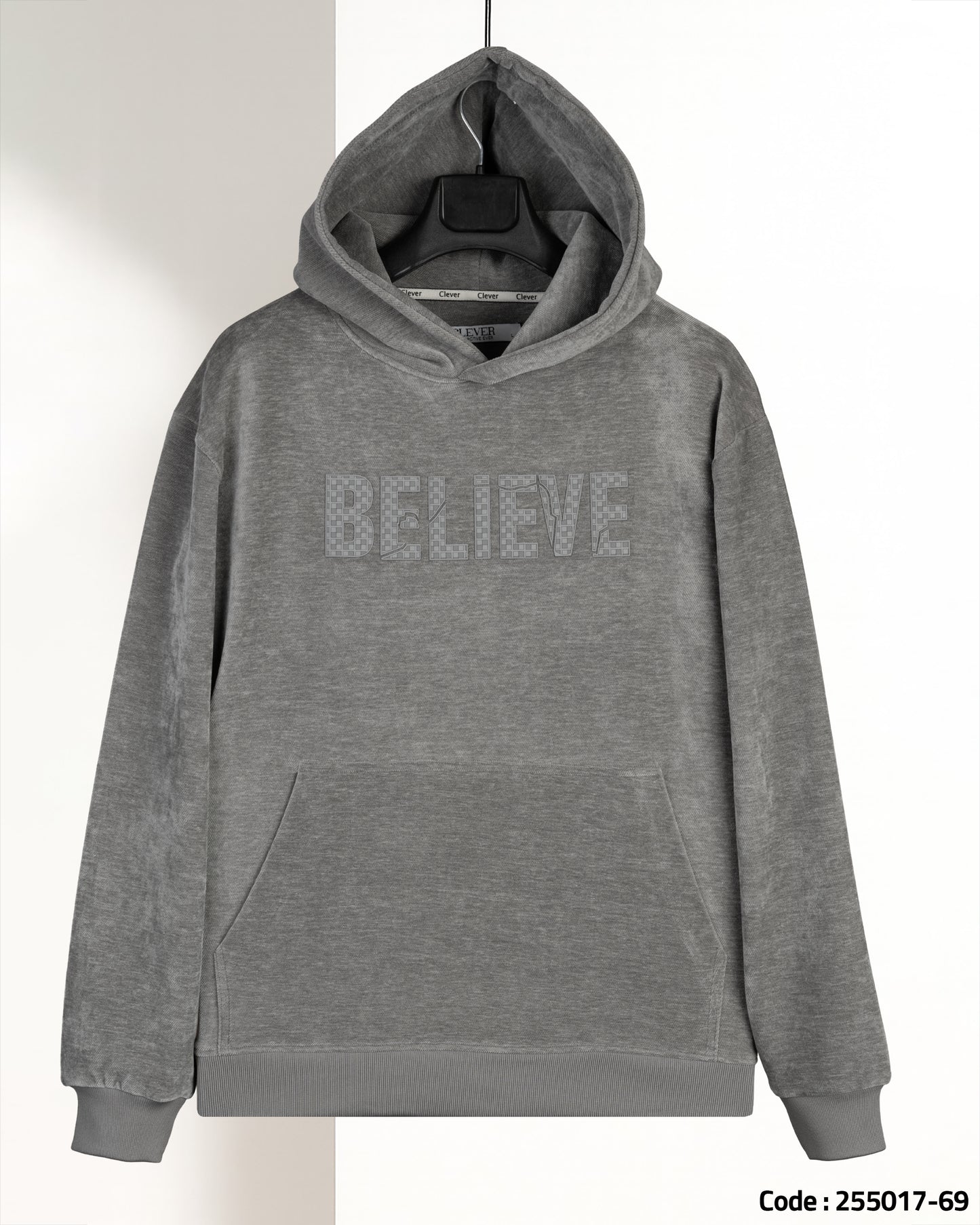 Grey Printed Velvet Hoodie