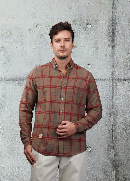 Caffee with Red Lines Cotton Checkered Shirt
