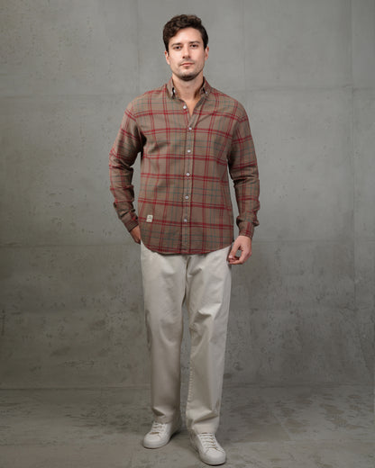 Caffee with Red Lines Cotton Checkered Shirt