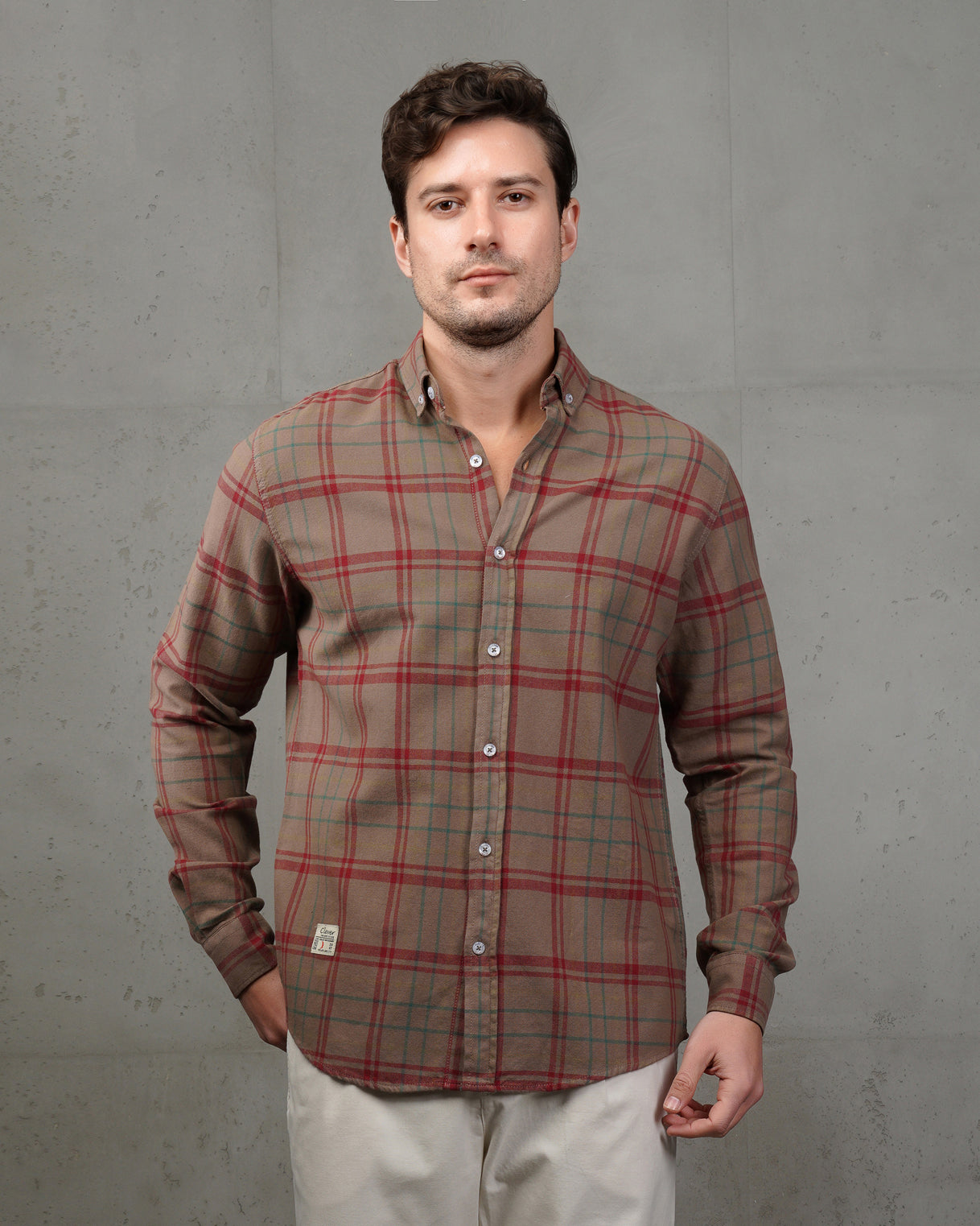 Caffee with Red Lines Cotton Checkered Shirt
