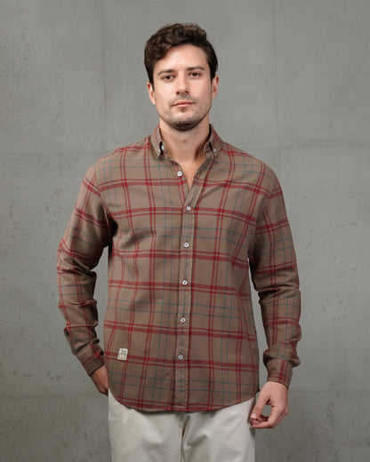 Caffee with Red Lines Cotton Checkered Shirt