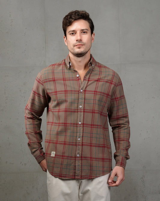 Caffee with Red Lines Cotton Checkered Shirt