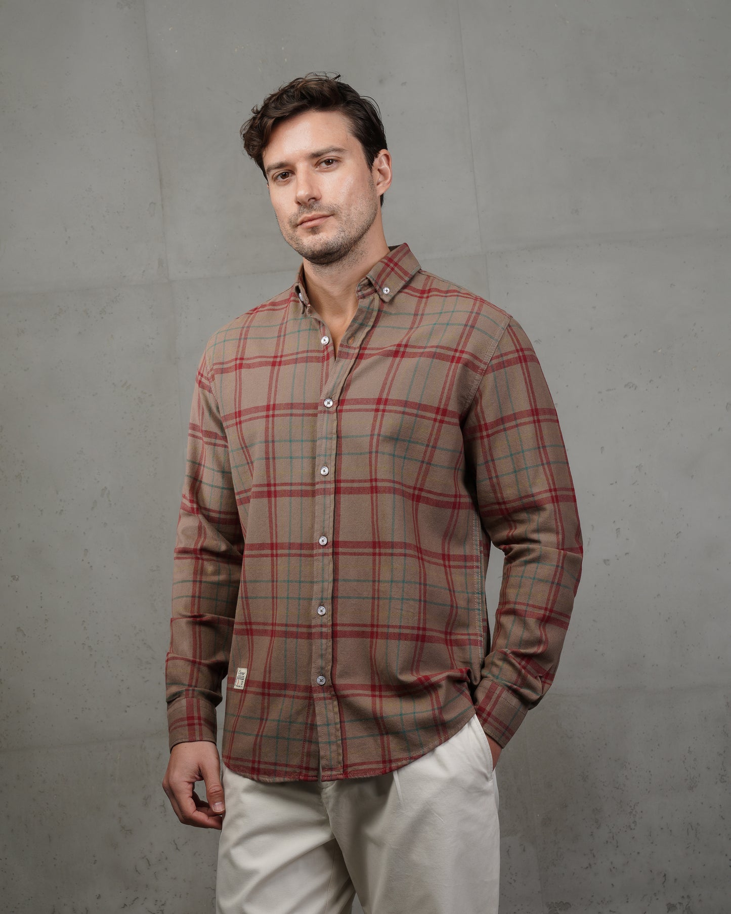Caffee with Red Lines Cotton Checkered Shirt