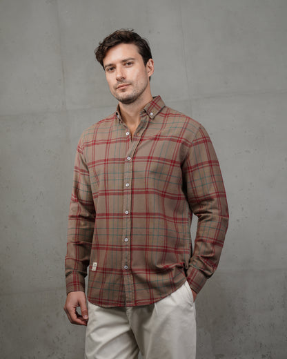 Caffee with Red Lines Cotton Checkered Shirt