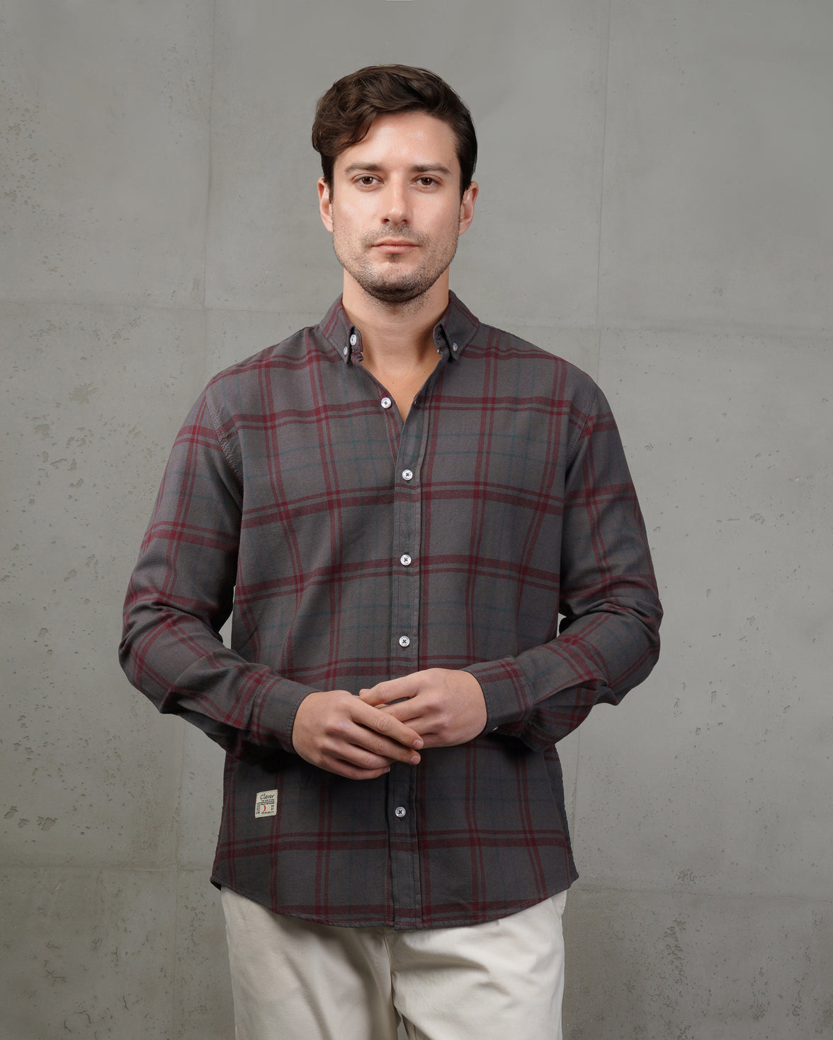 Dark Grey with Burgundy Lines Cotton Checkered Shirt