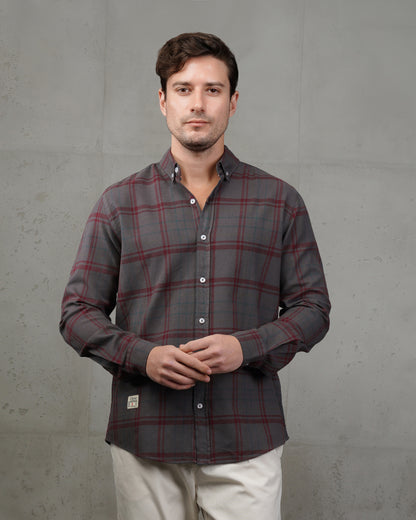 Dark Grey with Burgundy Lines Cotton Checkered Shirt