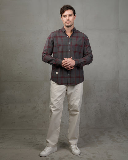 Dark Grey with Burgundy Lines Cotton Checkered Shirt