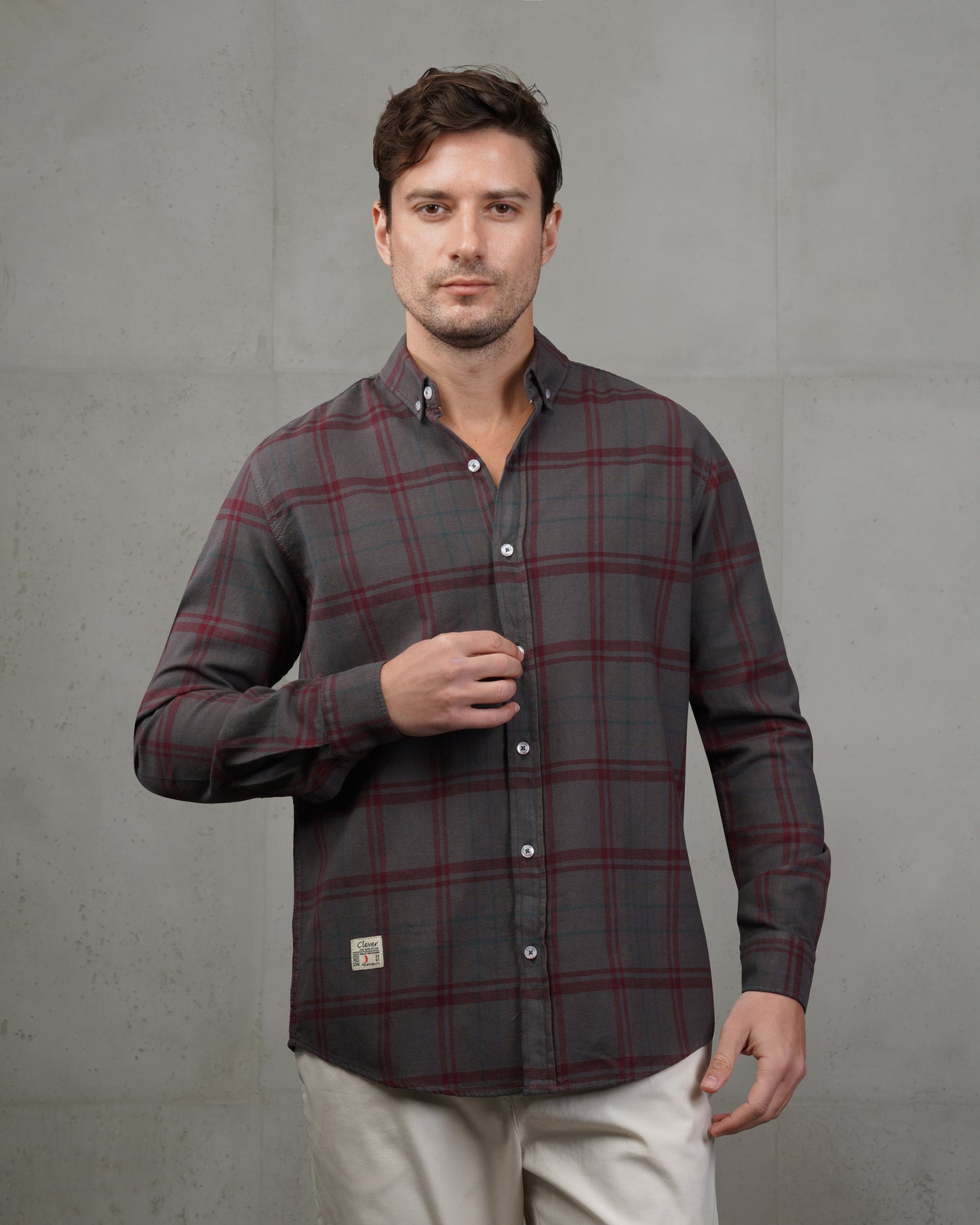 Dark Grey with Burgundy Lines Cotton Checkered Shirt