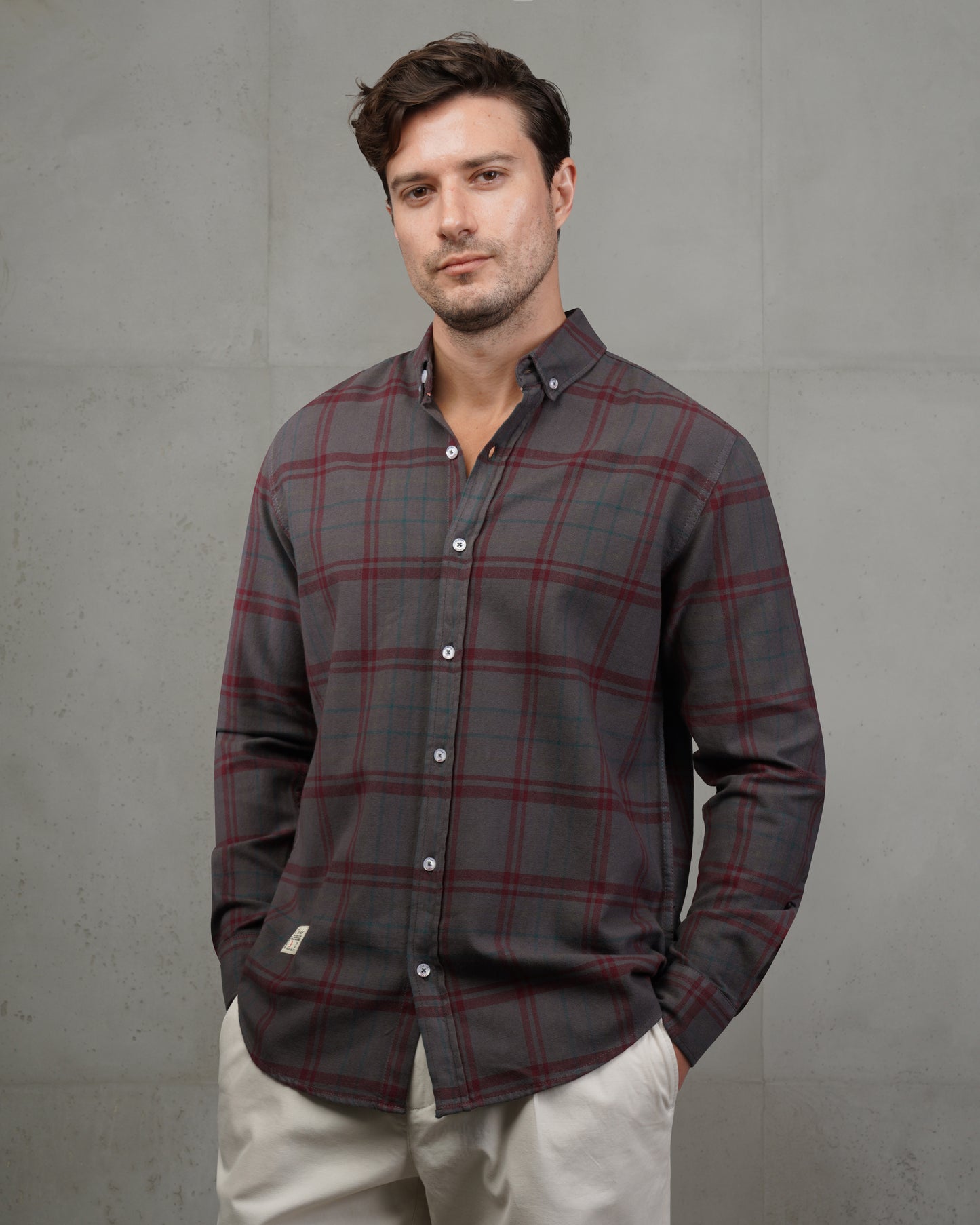 Dark Grey with Burgundy Lines Cotton Checkered Shirt