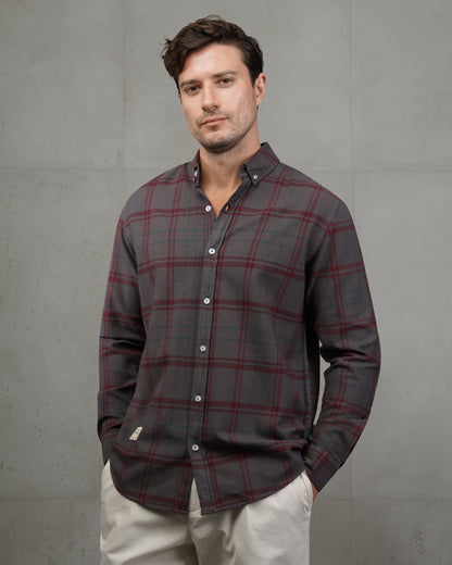 Dark Grey with Burgundy Lines Cotton Checkered Shirt