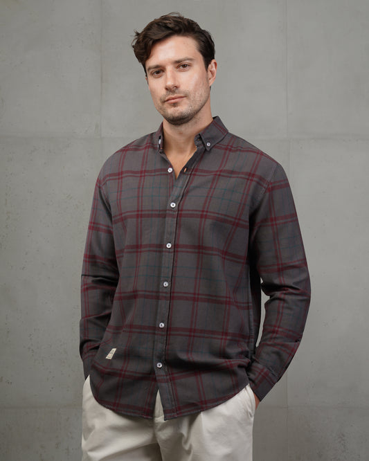 Dark Grey with Burgundy Lines Cotton Checkered Shirt