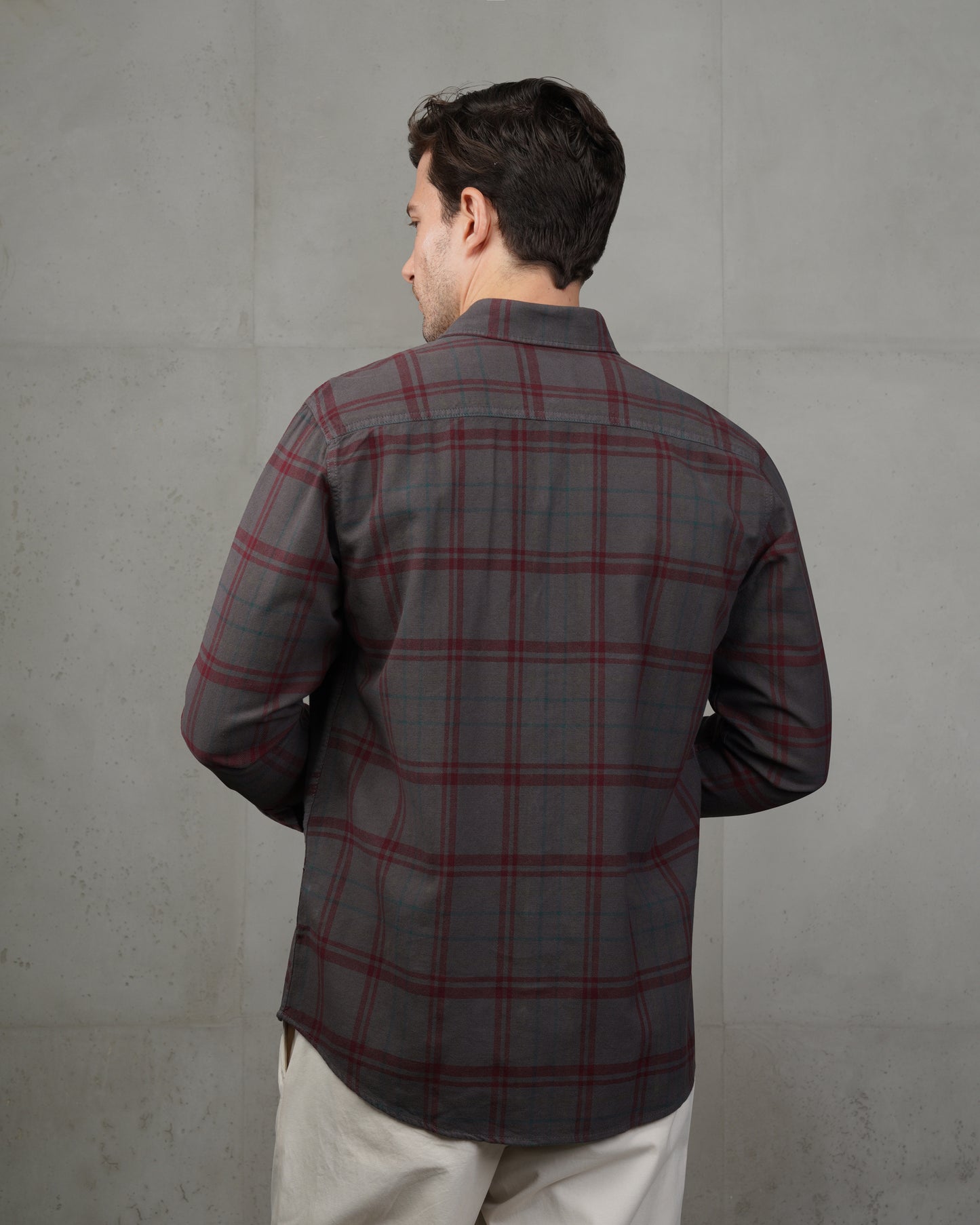 Dark Grey with Burgundy Lines Cotton Checkered Shirt
