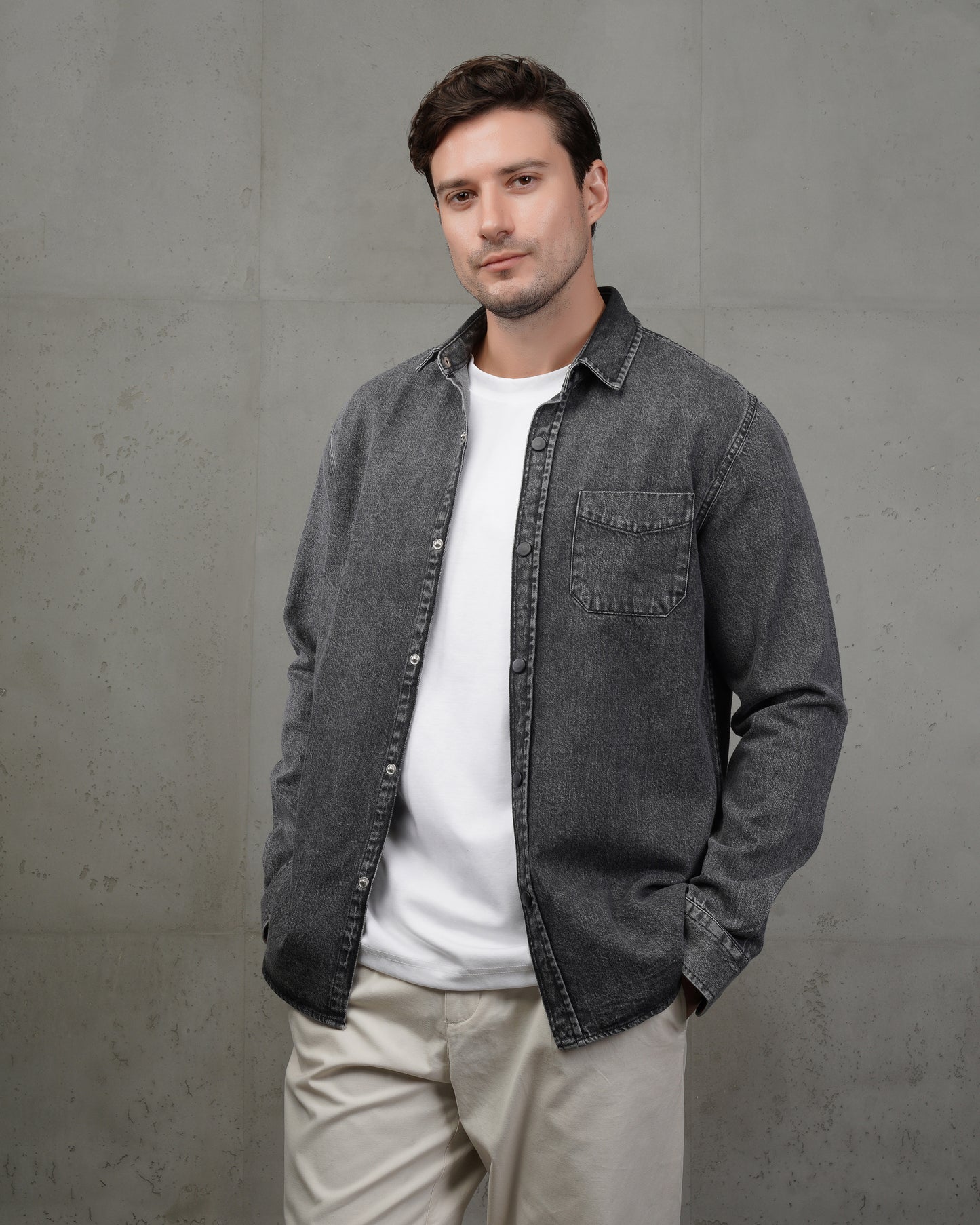 Dark Grey Plain Denim Shirt