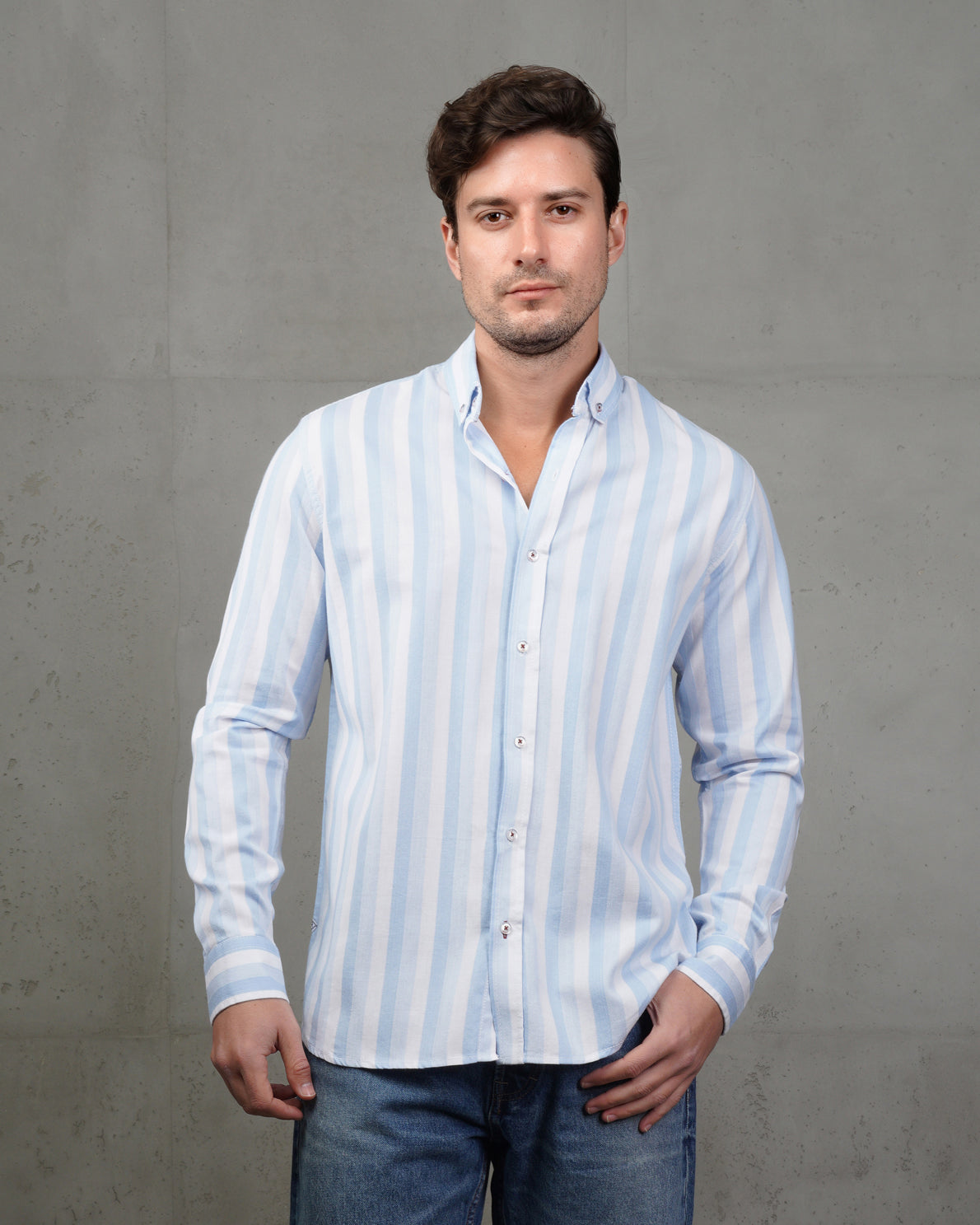 Baby Blue Casual Striped Cotton Shirt