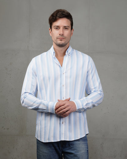 Baby Blue Casual Striped Cotton Shirt