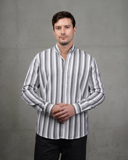 Grey Casual Striped Cotton Shirt (Big Size)