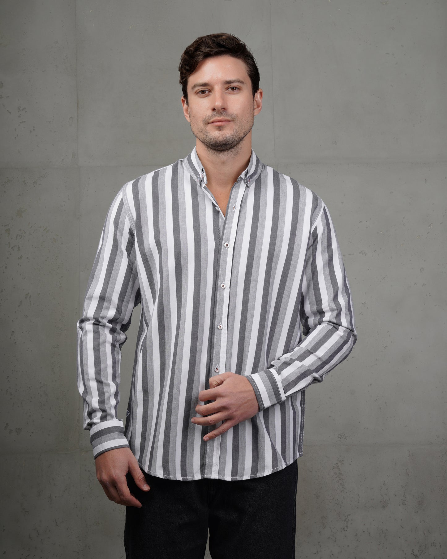 Grey Casual Striped Cotton Shirt (Big Size)