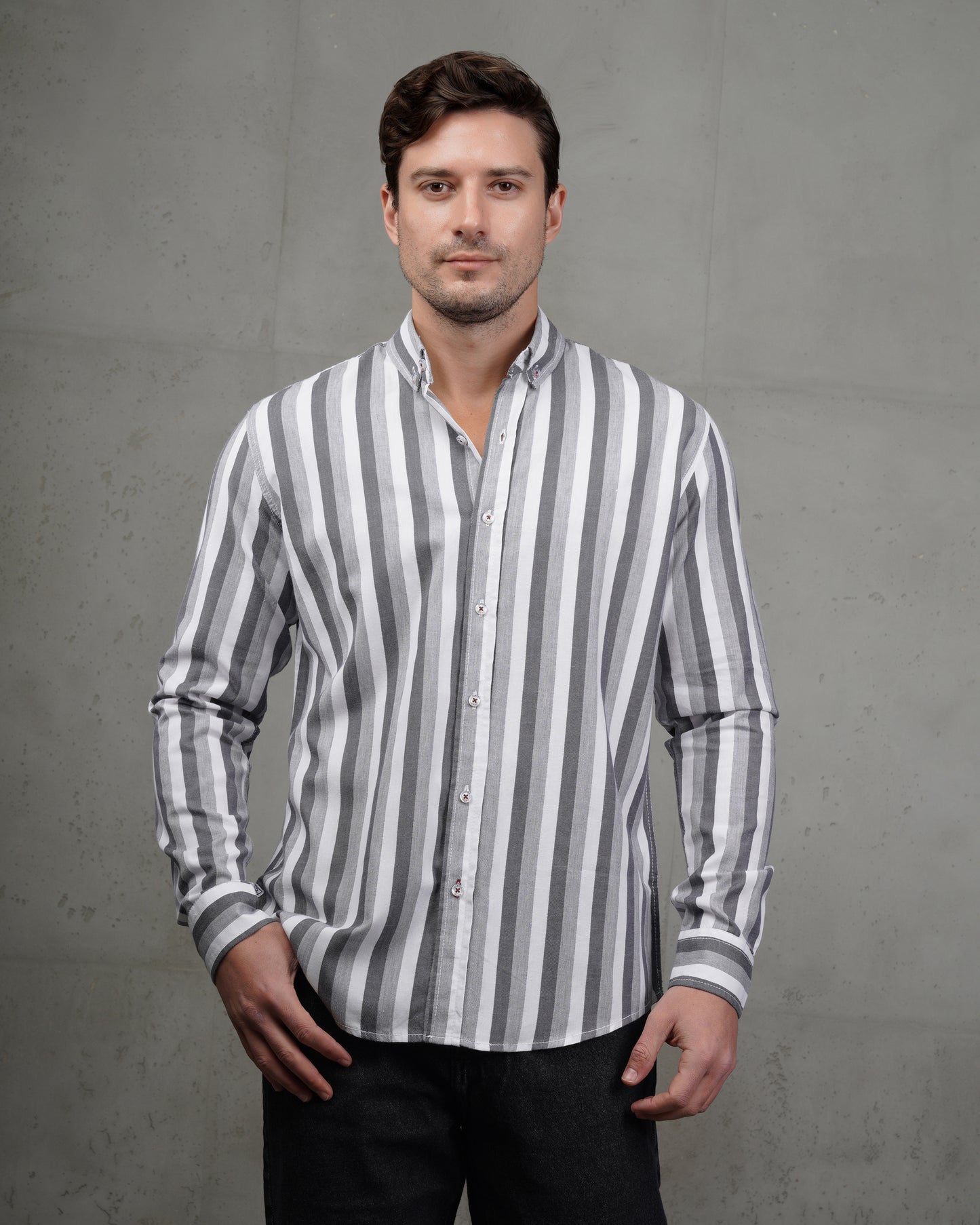 Grey Casual Striped Cotton Shirt (Big Size)