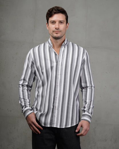 Grey Casual Striped Cotton Shirt (Big Size)