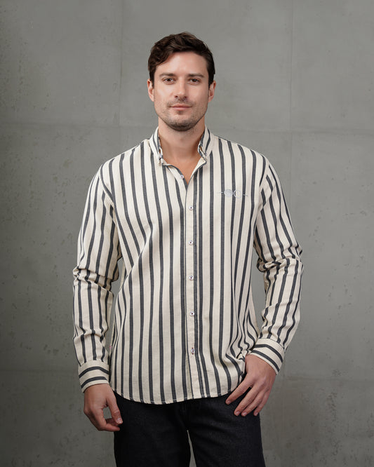 Men’s Black & Beige Striped Cotton Shirt (Big Size)