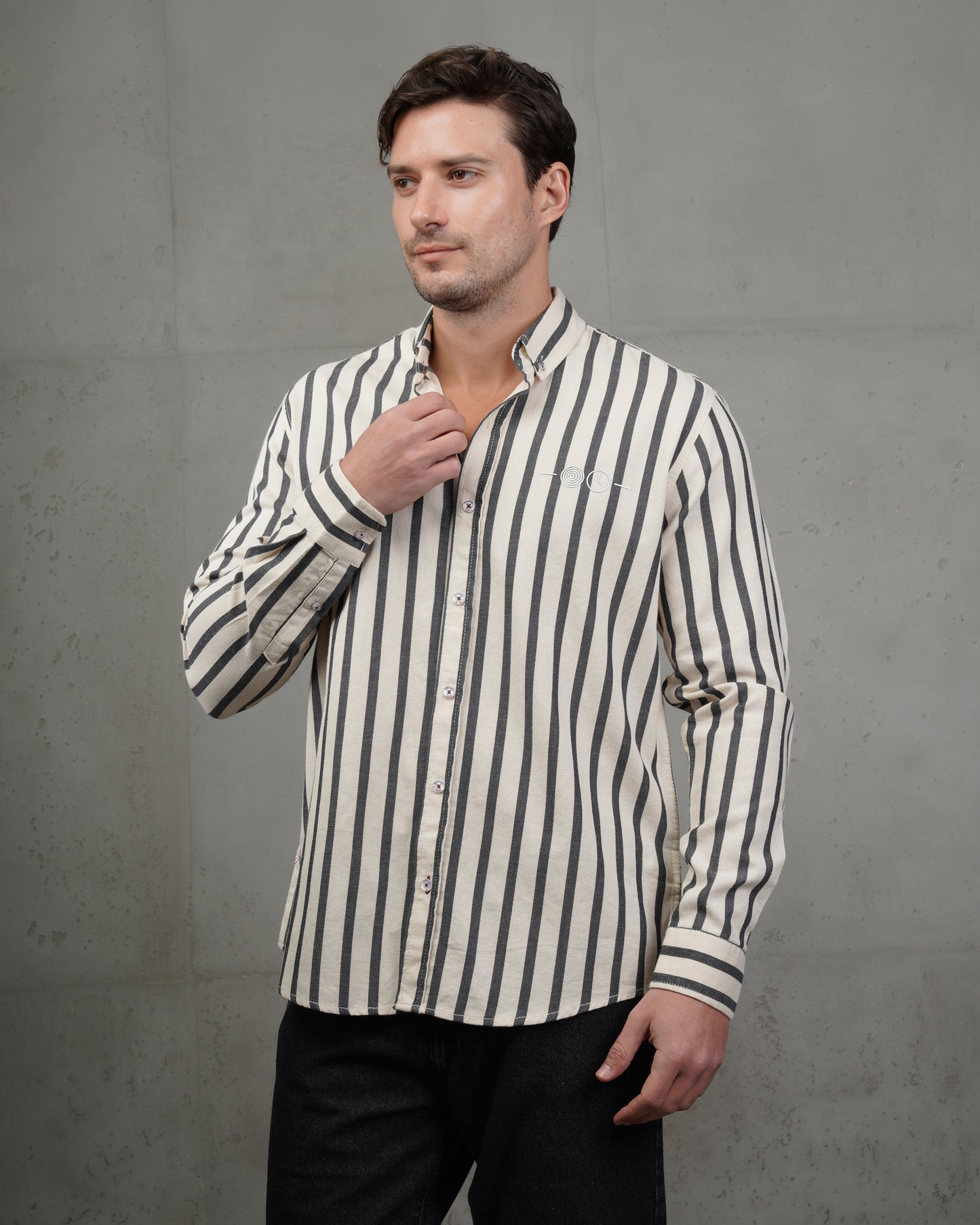 Men’s Black & Beige Striped Cotton Shirt (Big Size)