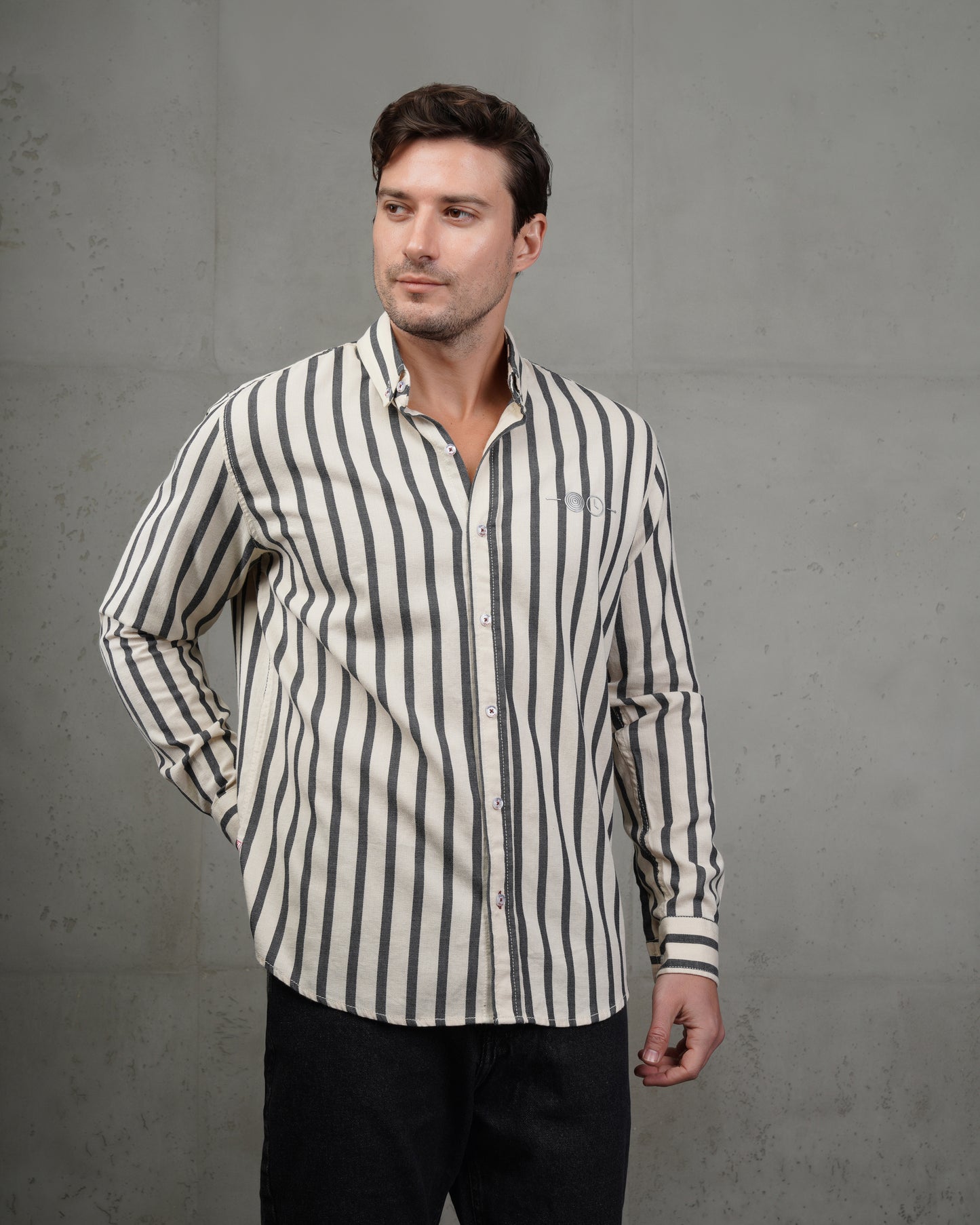 Men’s Black & Beige Striped Cotton Shirt