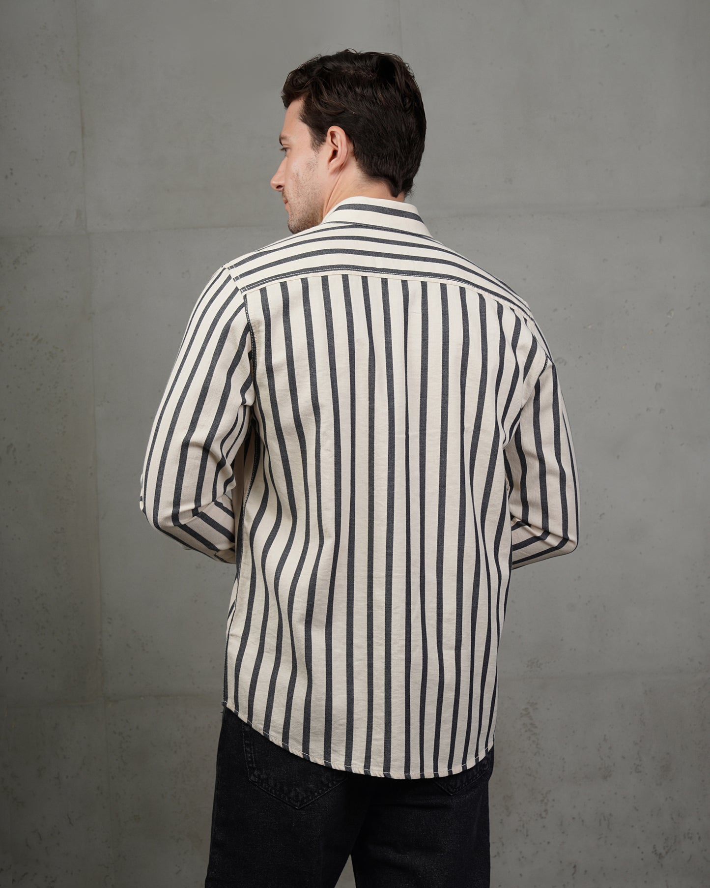Men’s Black & Beige Striped Cotton Shirt