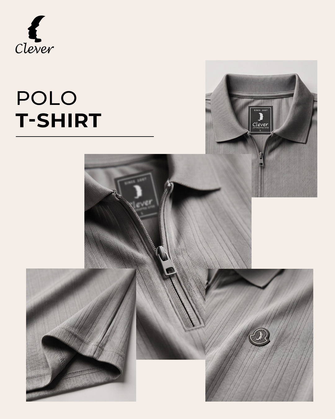 Grey Half-Zip Cotton Polo Shirt
