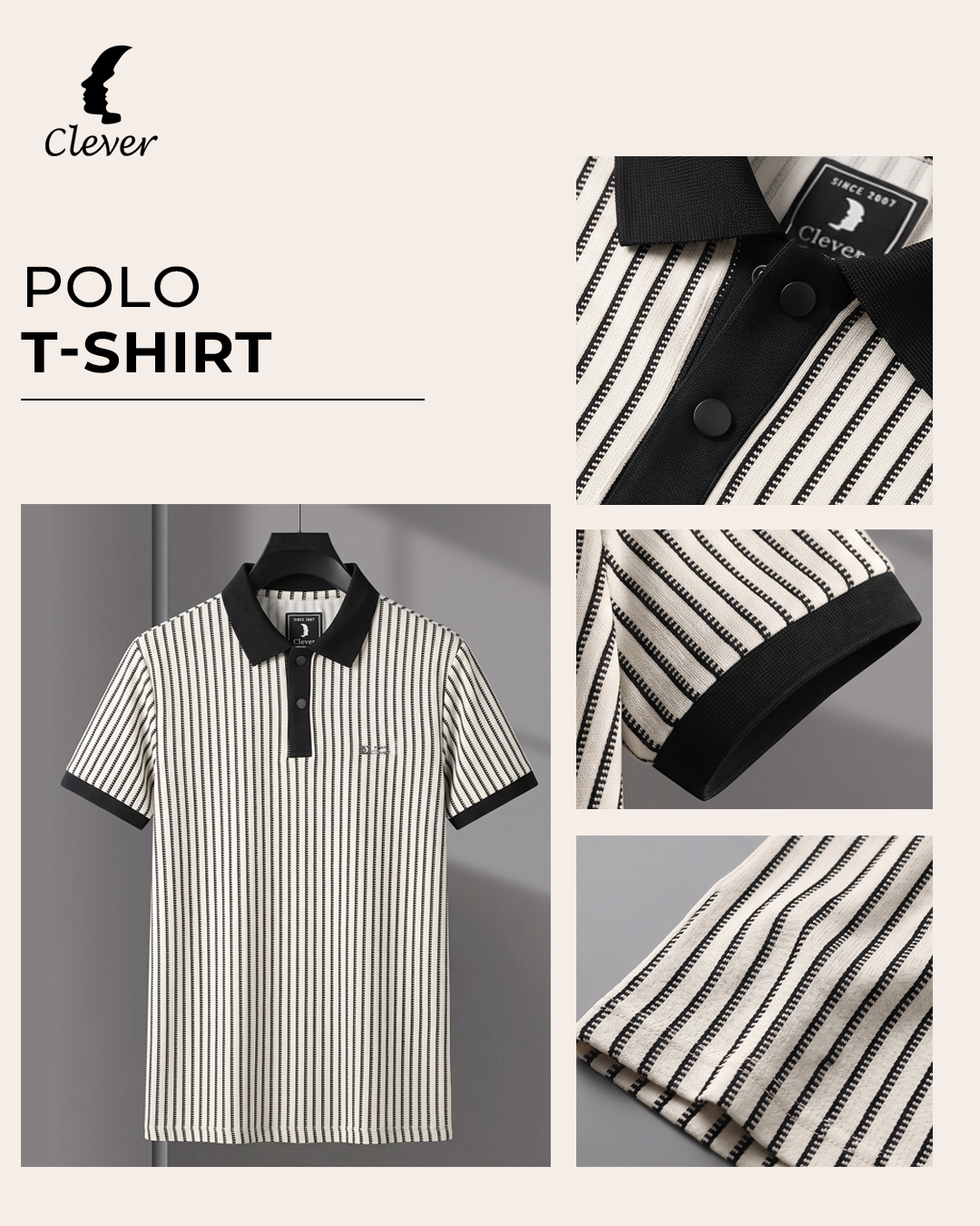 Beige Vertical Stripe Cotton Polo Shirt