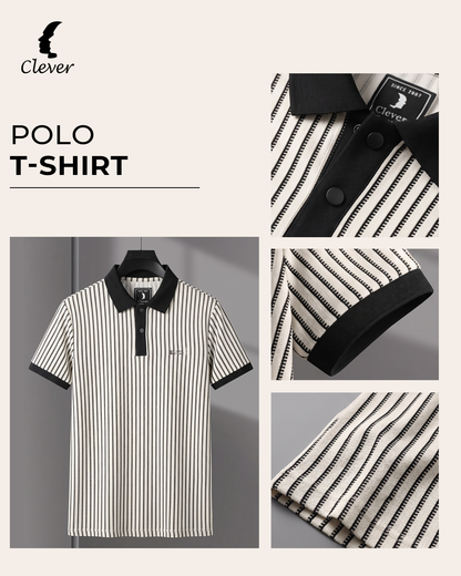 Beige Vertical Stripe Cotton Polo Shirt