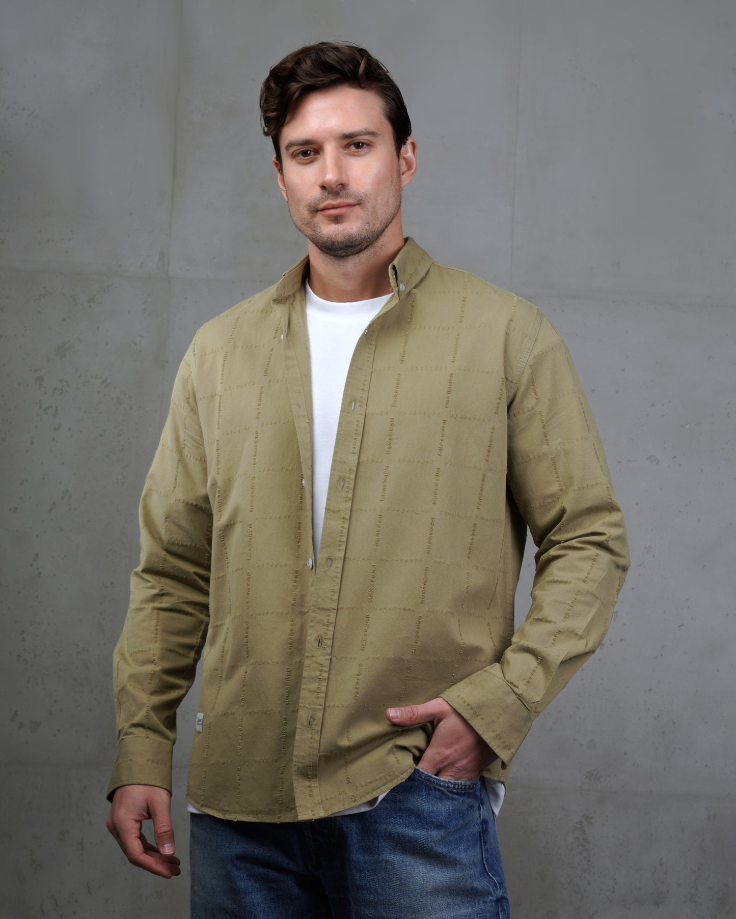 Oil Long Sleeve Textured Cotton Shirt