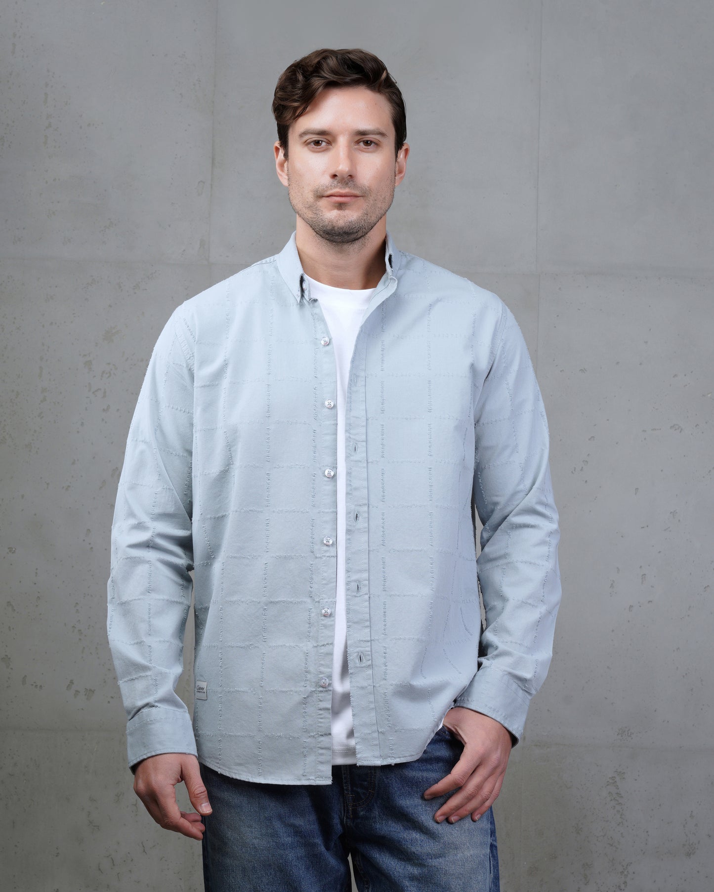Light Blue Long Sleeve Textured Cotton Shirt