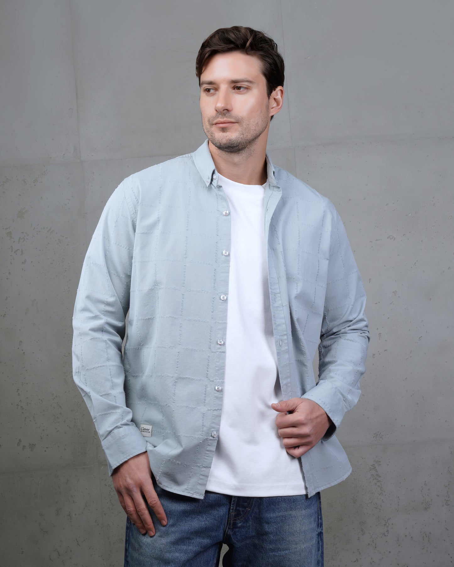 Light Blue Long Sleeve Textured Cotton Shirt