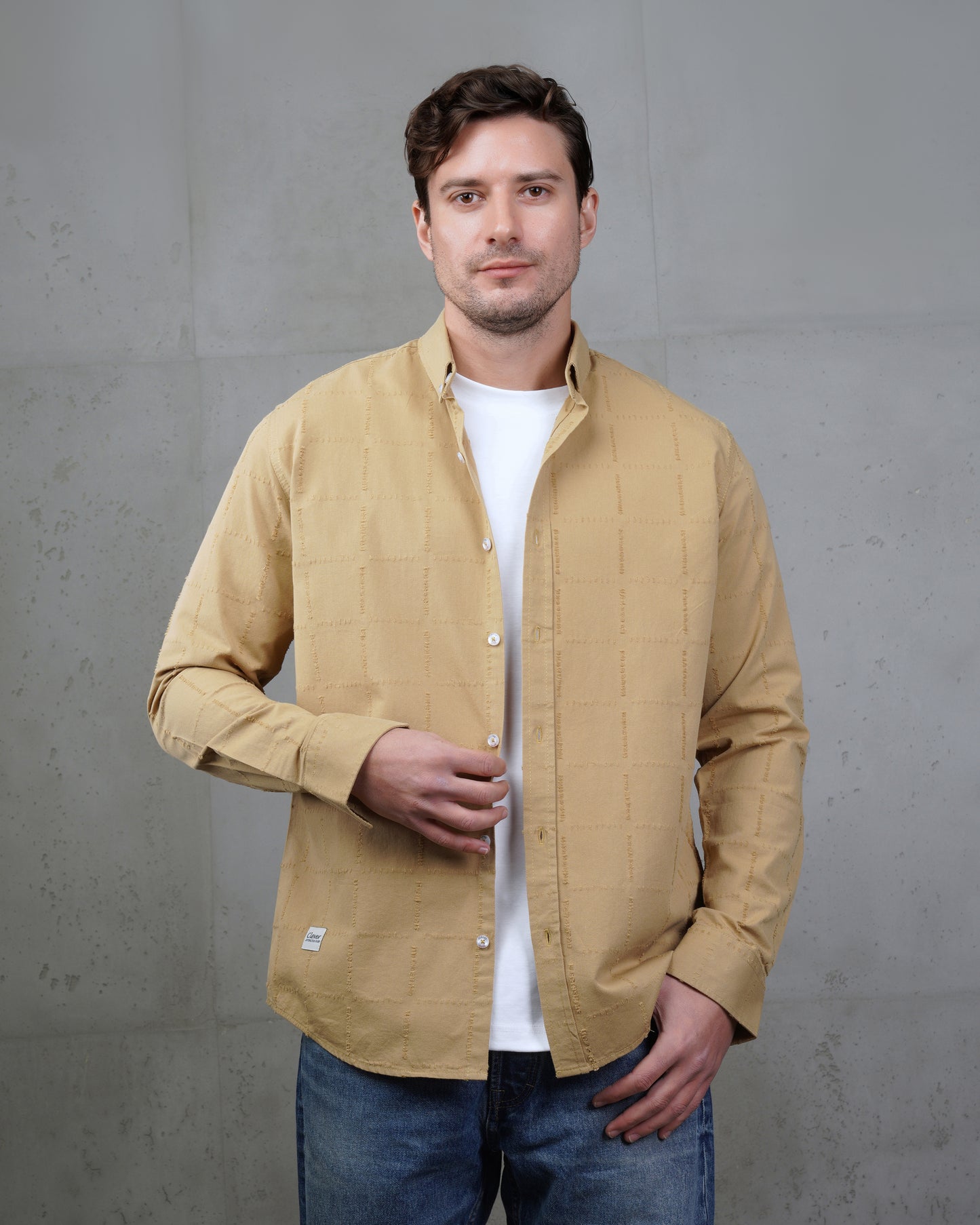 Camel Long Sleeve Textured Cotton Shirt