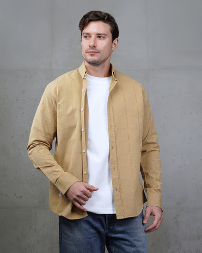 Camel Long Sleeve Textured Cotton Shirt