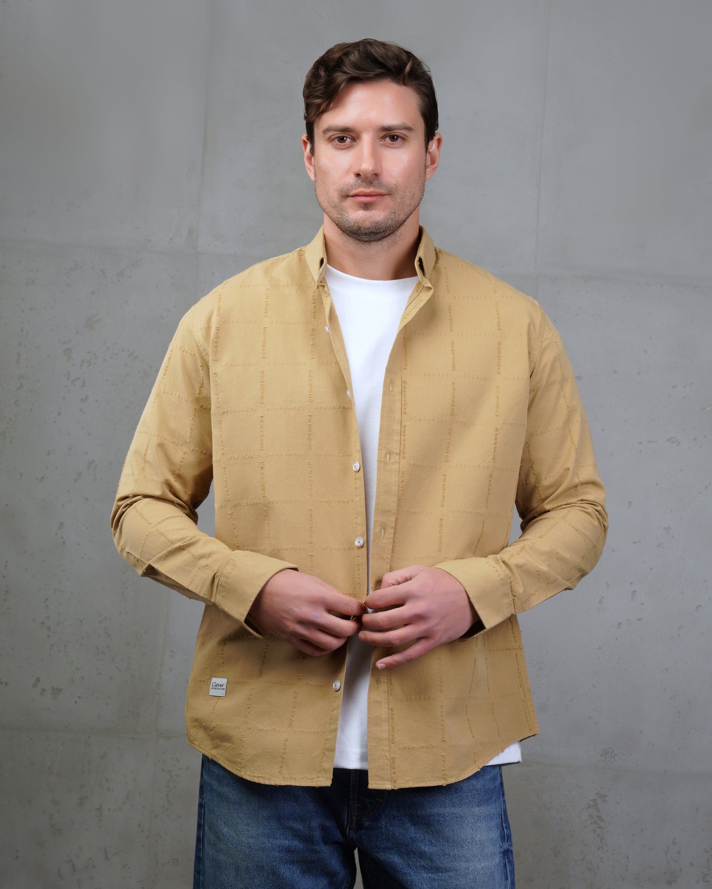 Camel Long Sleeve Textured Cotton Shirt