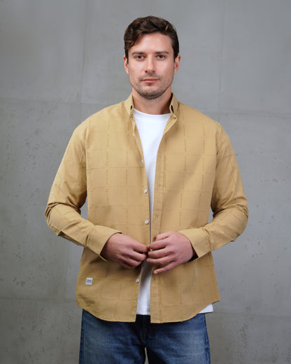 Camel Long Sleeve Textured Cotton Shirt