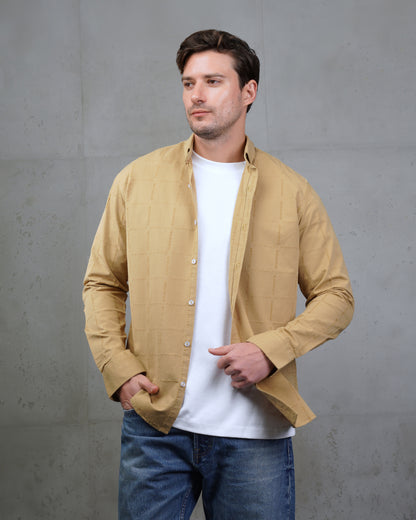 Camel Long Sleeve Textured Cotton Shirt