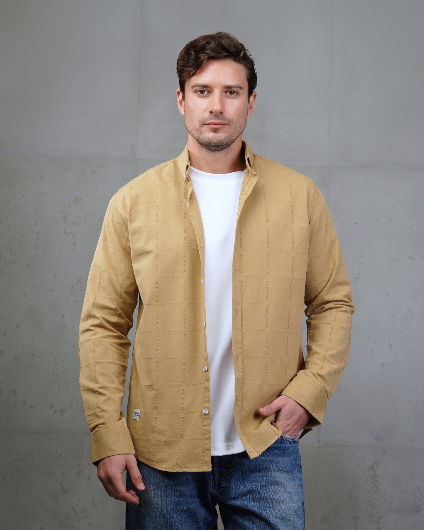 Camel Long Sleeve Textured Cotton Shirt