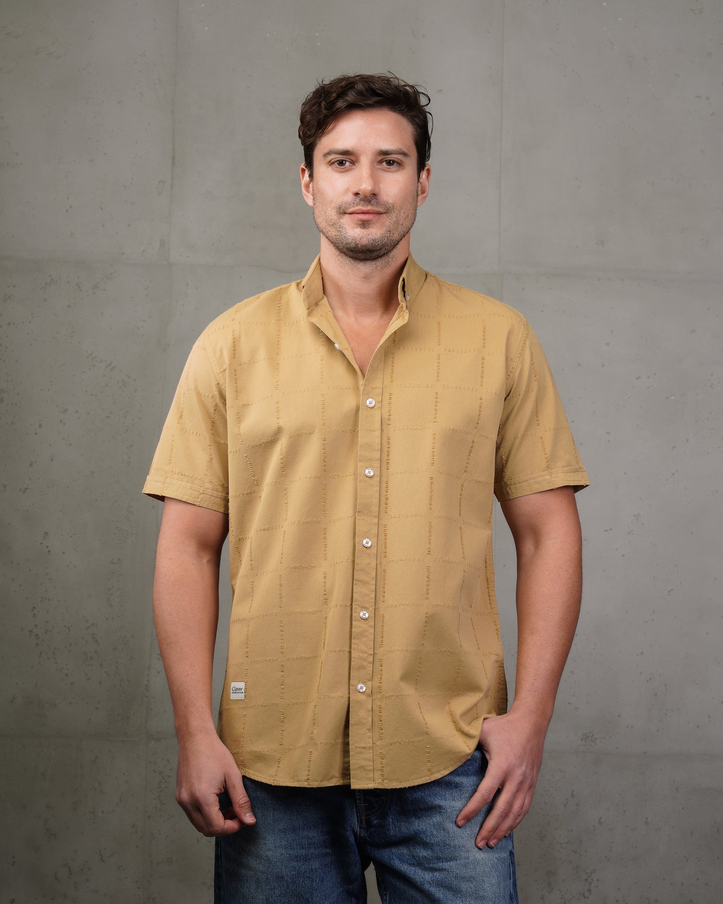 Camel Short Sleeve Textured Cotton Shirt