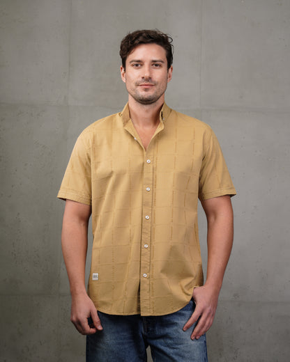 Camel Short Sleeve Textured Cotton Shirt