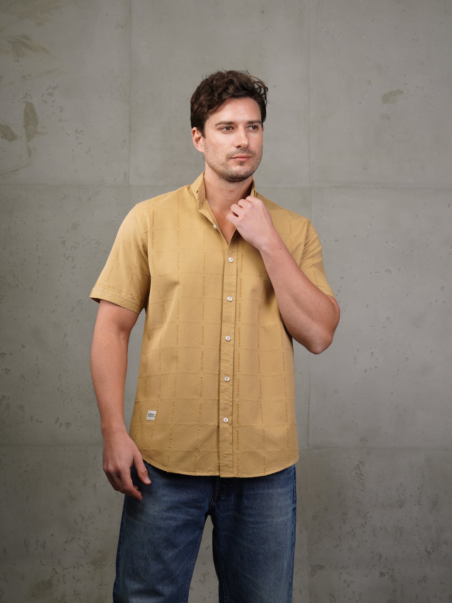 Camel Short Sleeve Textured Cotton Shirt