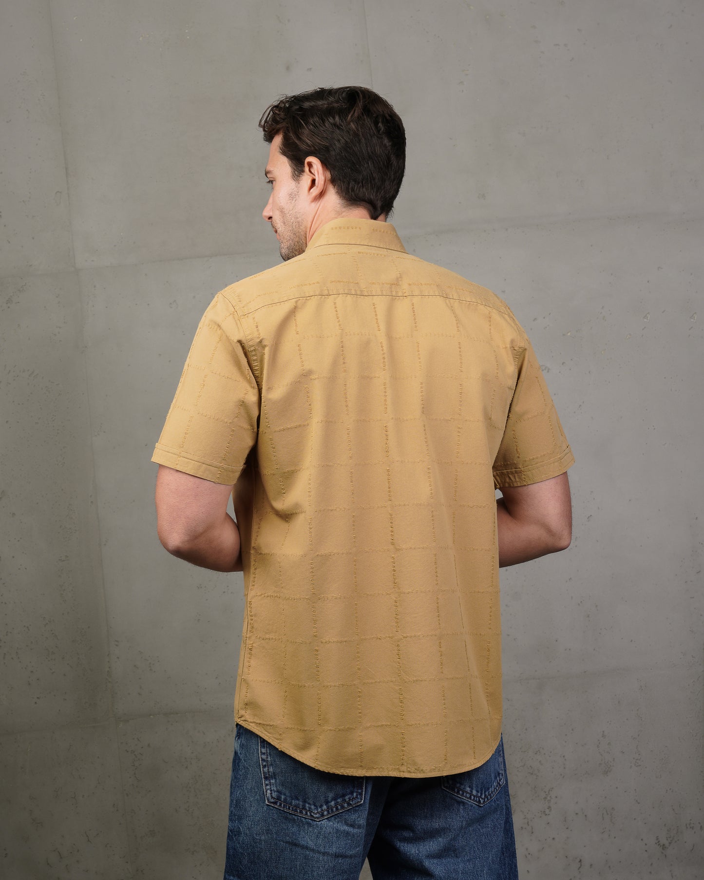 Camel Short Sleeve Textured Cotton Shirt
