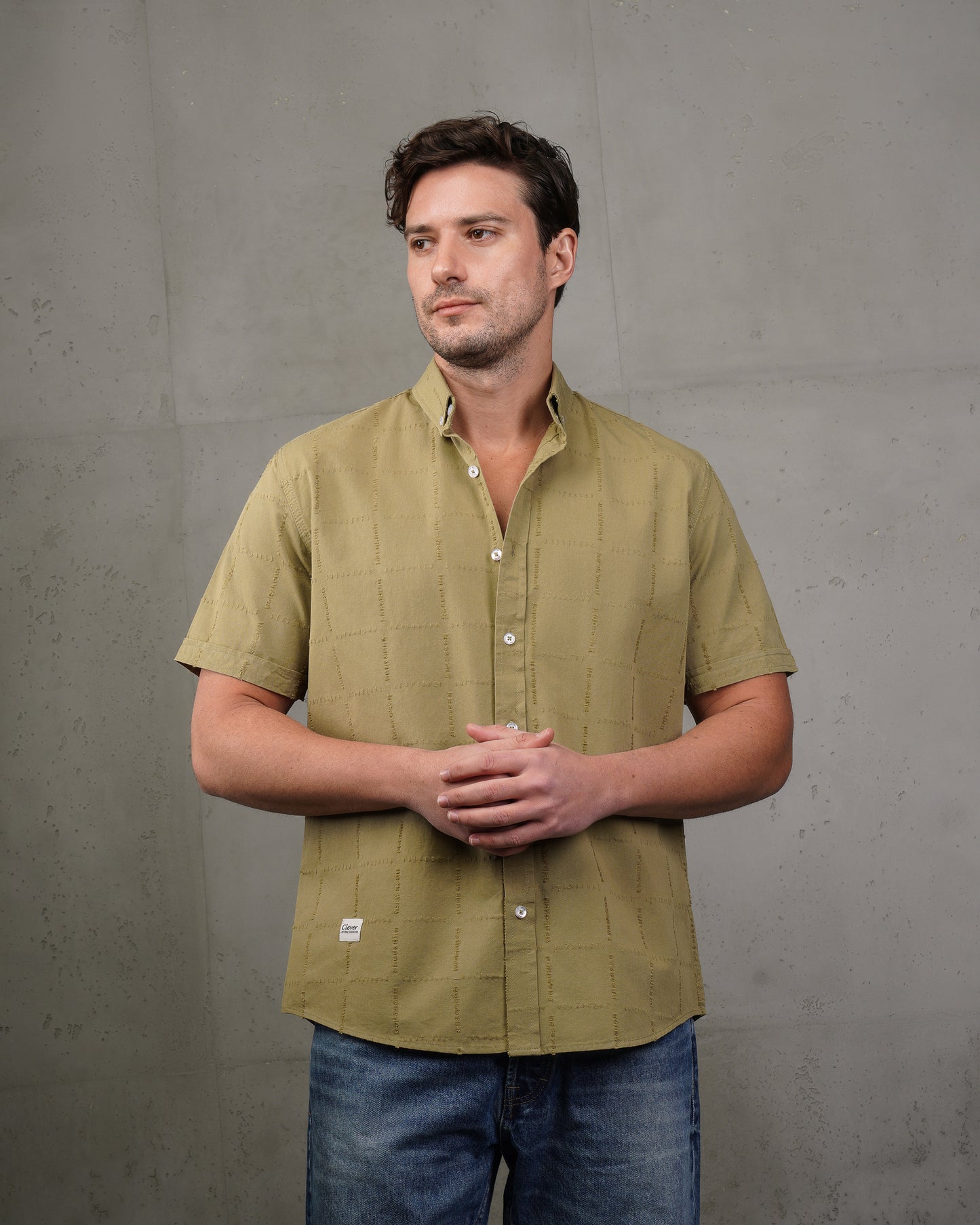Oil Short Sleeve Textured Cotton Shirt