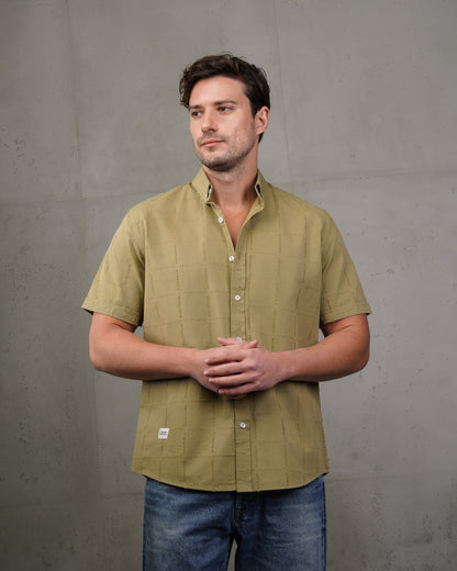 Oil Short Sleeve Textured Cotton Shirt